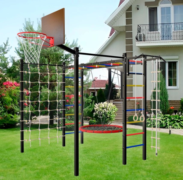 Уличная шведская стенка Sv Sport рукоход с комплектом турник прямой 2шт У5226.2К (Турник/Гнездо 115см/Щит баскет/Канат/кольца/лестница/Сетка)