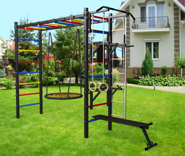 Уличная шведская стенка Sv Sport рукоход У528.2 (Турник/Брусья/Стойка/Скамья/Гнездо 115см/Канат/кольца/лестница)